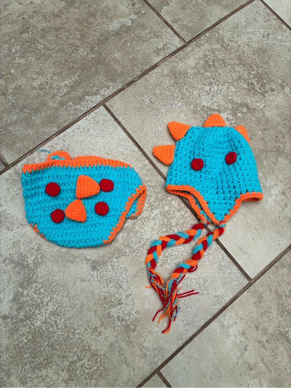 Handmade Turquoise & Orange Dino Crochet Hat for Kids